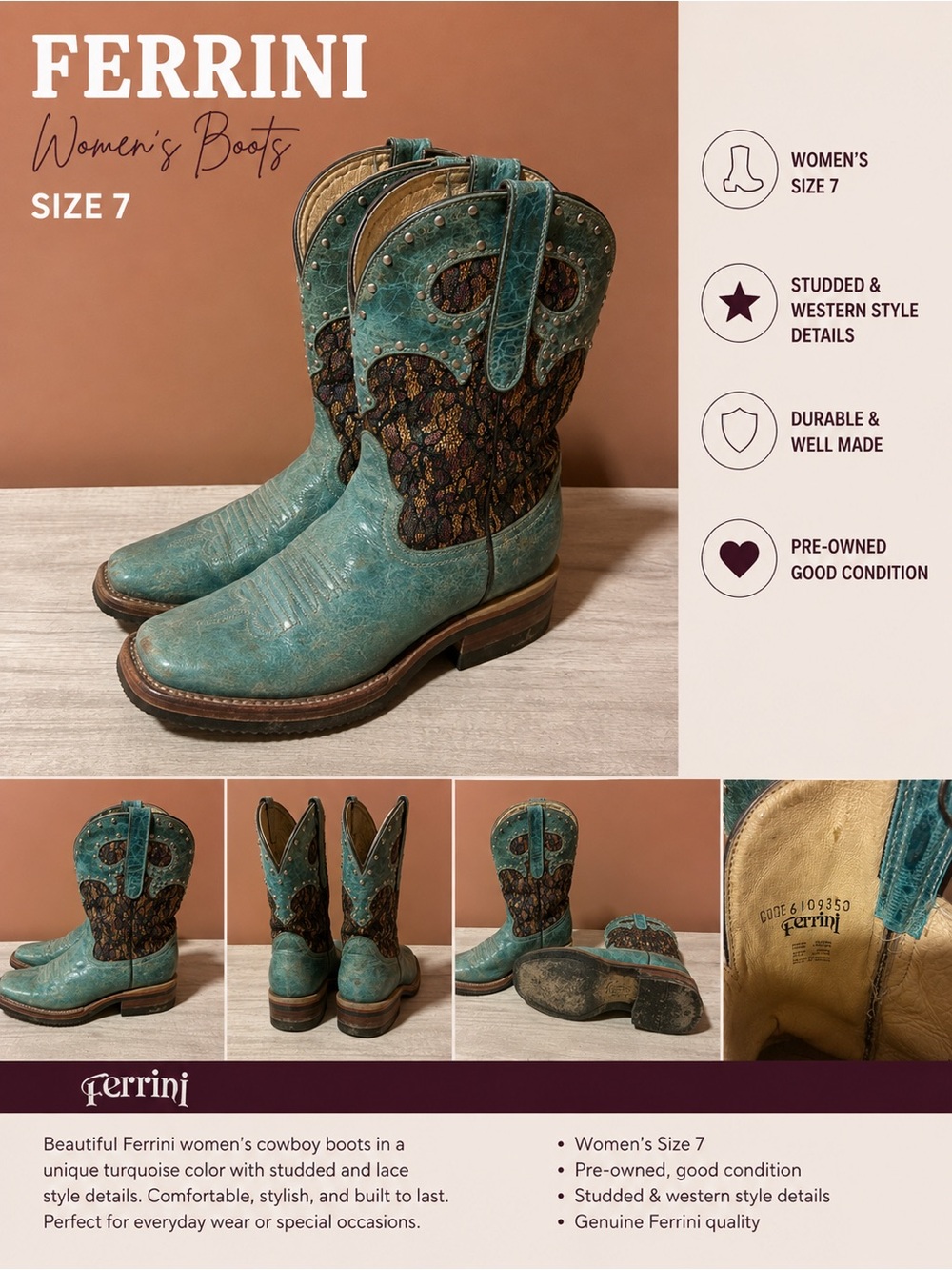 Ferrini Kids' Turquoise and Brown Western Boots